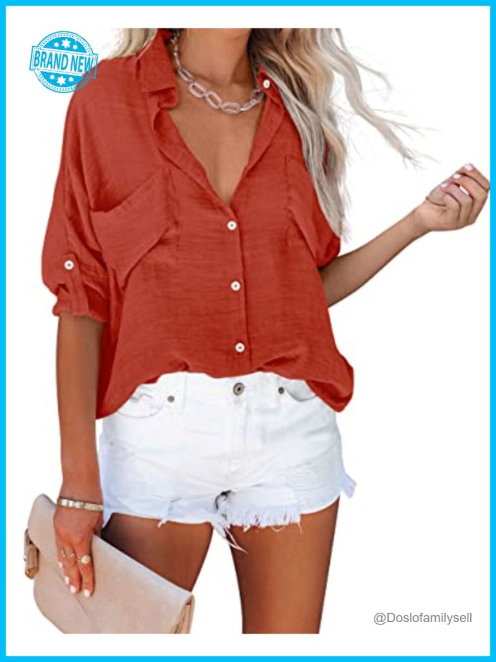 Women's V-Neck Button Down Blouse Long Roll Up Sleeve Loose Fit Top with Pockets